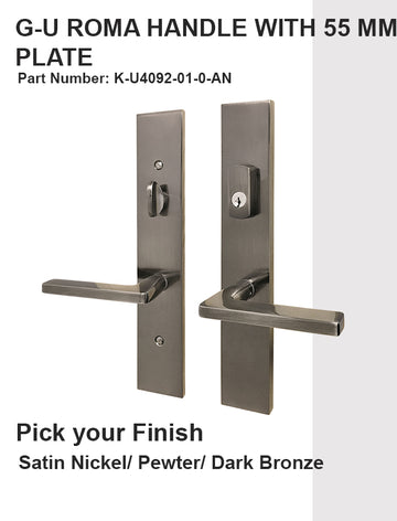 G-U ROMA HANDLE WITH 55 MM PLATE, ACTIVE, KEYED WITH THUMBTURN, HANDLE BELOW CYLINDER, SOLID BRASS - CHOOSE COLOR